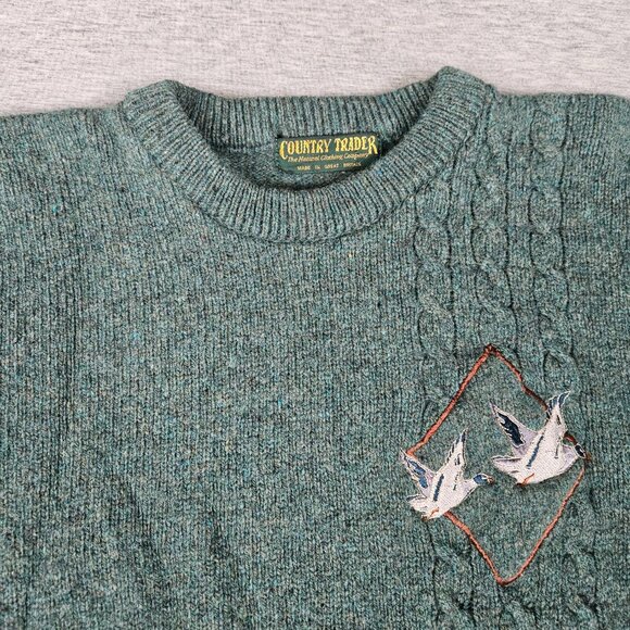 Country Trader Sweater Green Cable Knit Wool Blend Bird Fisherman Great Britain - Picture 3 of 11